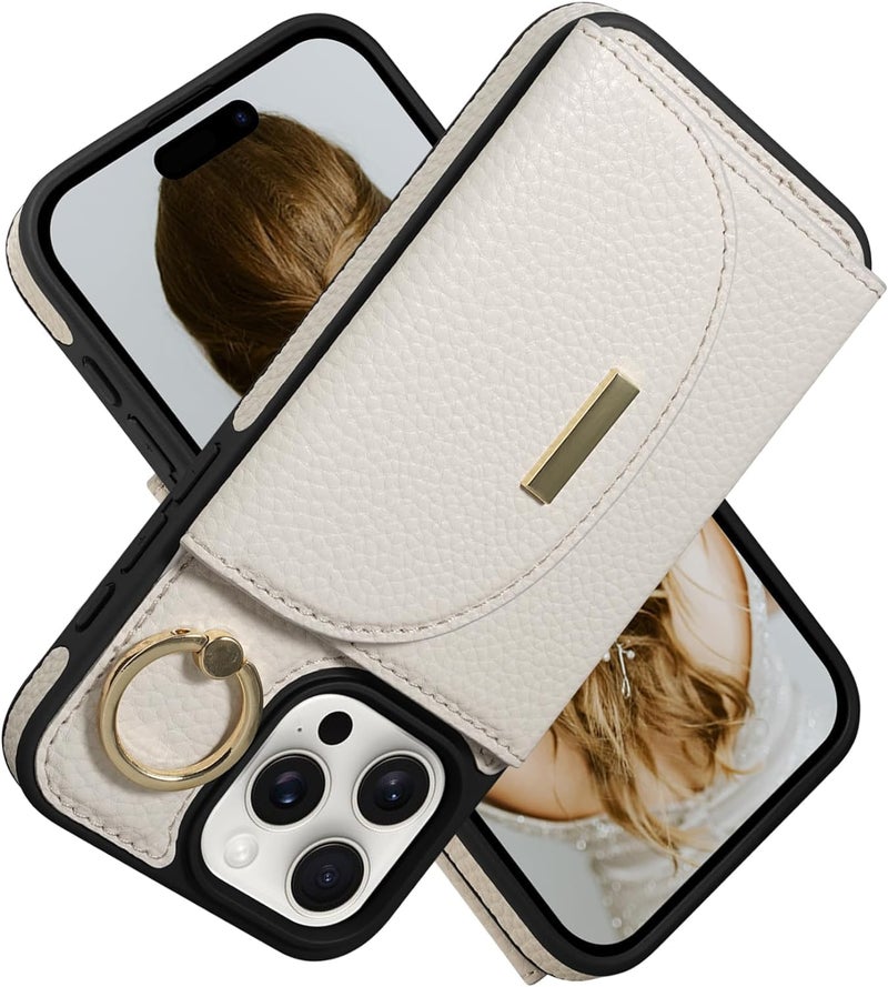 Keallce Wallet Case for iPhone 16 Pro 6.3'', Flip Case with Card Slots, Ring Holder Kickstand, PU Leather Protective Folio Cover for Women, Beige - Image 1
